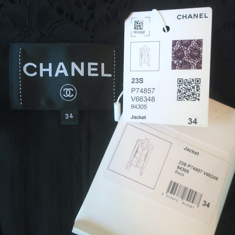 Chanel 23S Lace Crystal-Button Blazer Jacket Black Cotton-Blend Size 34 NEW