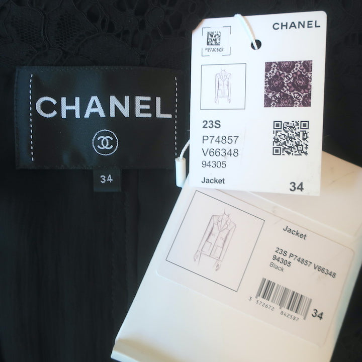 Chanel 23S Lace Crystal-Button Blazer Jacket Black Cotton-Blend Size 34 NEW