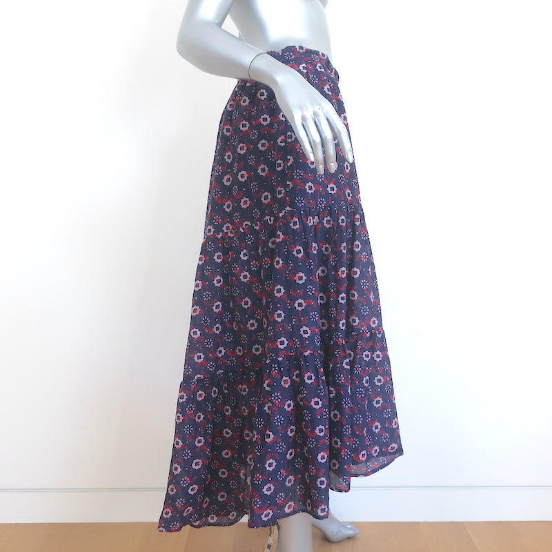 Xirena Iris Tiered Midi Skirt Navy Printed Cotton-Silk Size Medium