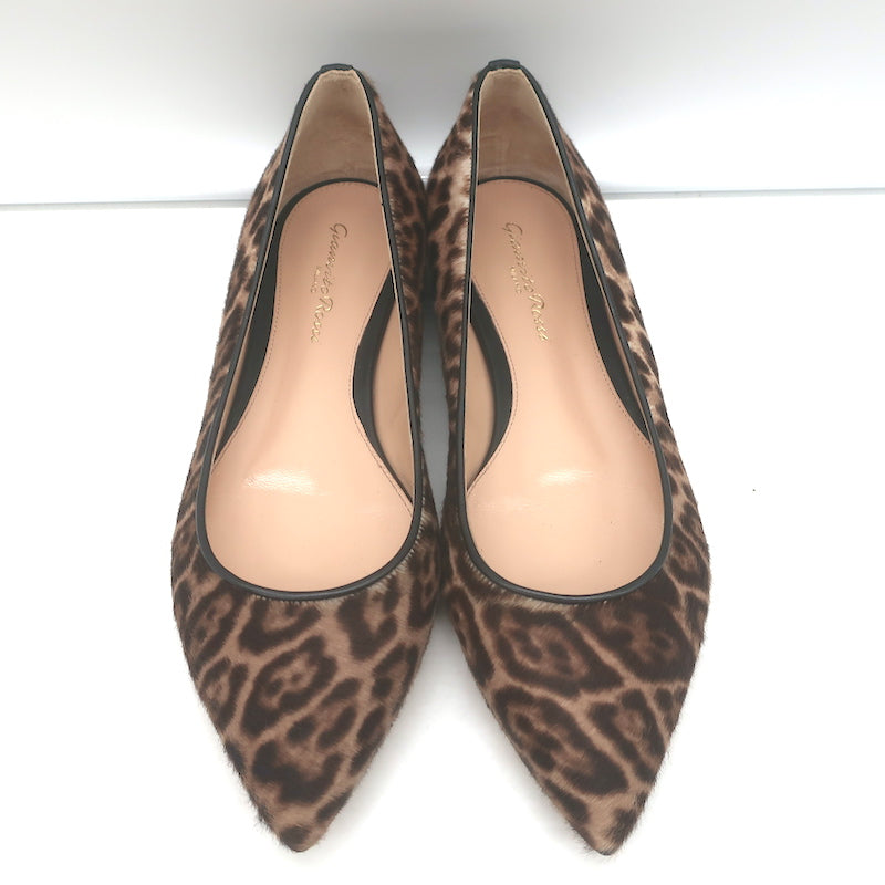 Gianvito Rossi Leopard Print Pony Hair Pointed Toe Ballet Flats Size 37 NEW