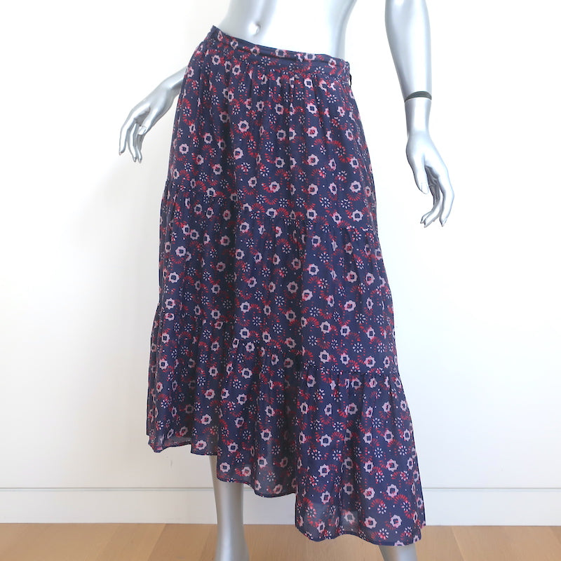 Xirena Iris Tiered Midi Skirt Navy Printed Cotton-Silk Size Medium