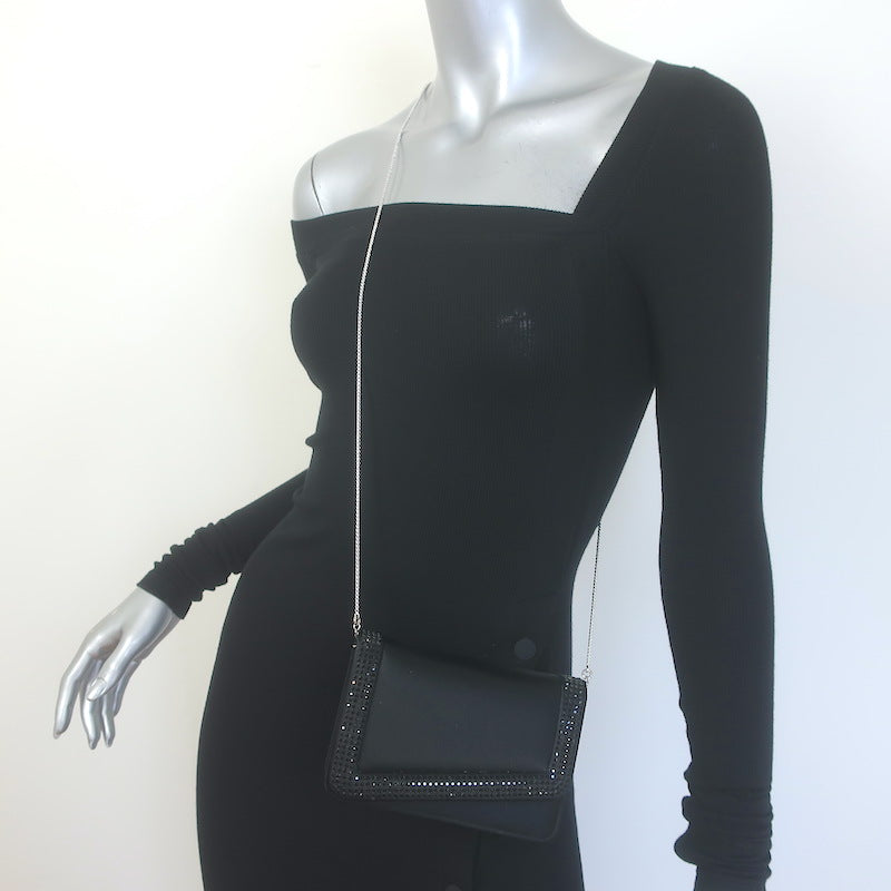 Judith Leiber Crystal-Trimmed Mini Flap Clutch Black Satin Shoulder Bag