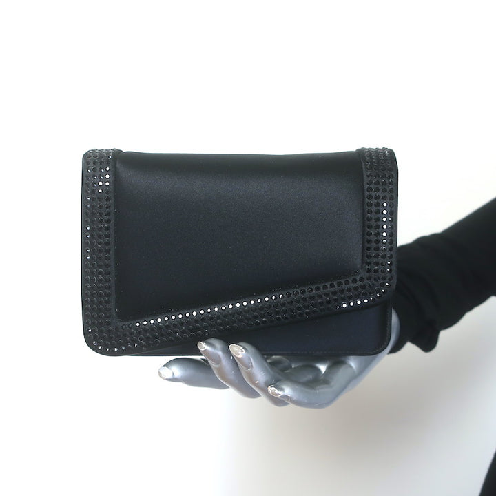 Judith Leiber Crystal-Trimmed Mini Flap Clutch Black Satin Shoulder Bag