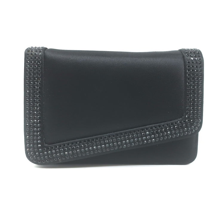 Judith Leiber Crystal-Trimmed Mini Flap Clutch Black Satin Shoulder Bag