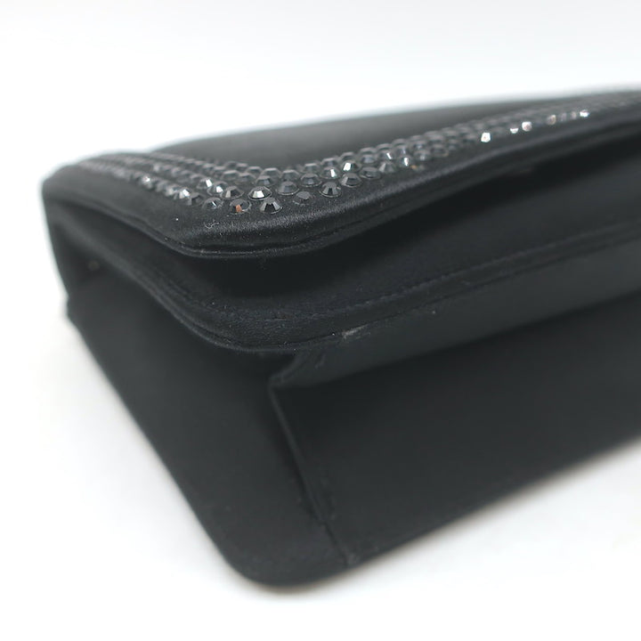 Judith Leiber Crystal-Trimmed Mini Flap Clutch Black Satin Shoulder Bag