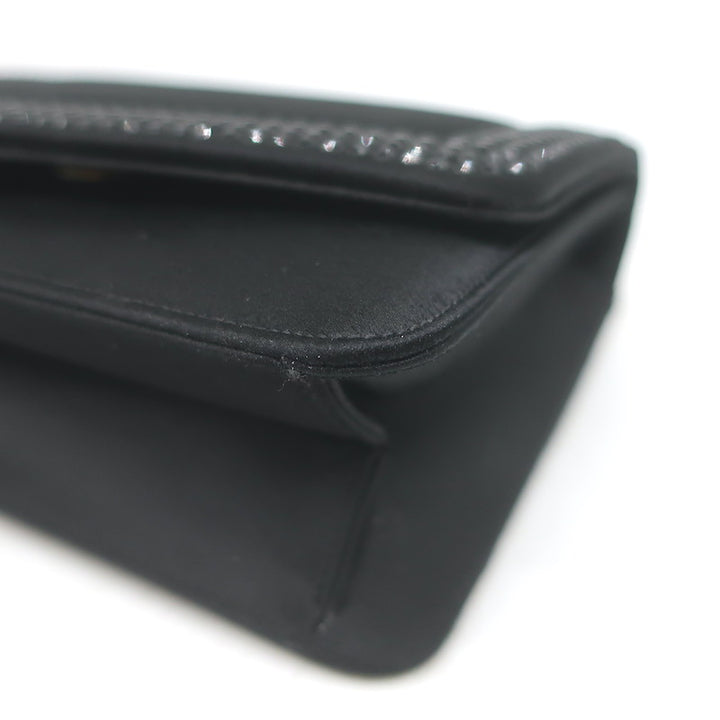 Judith Leiber Crystal-Trimmed Mini Flap Clutch Black Satin Shoulder Bag