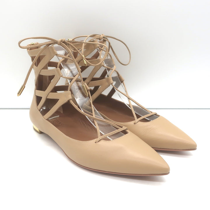 Aquazzura Belgravia Lace-Up Pointed Toe Flats Nude Cutout Leather Size 36 NEW