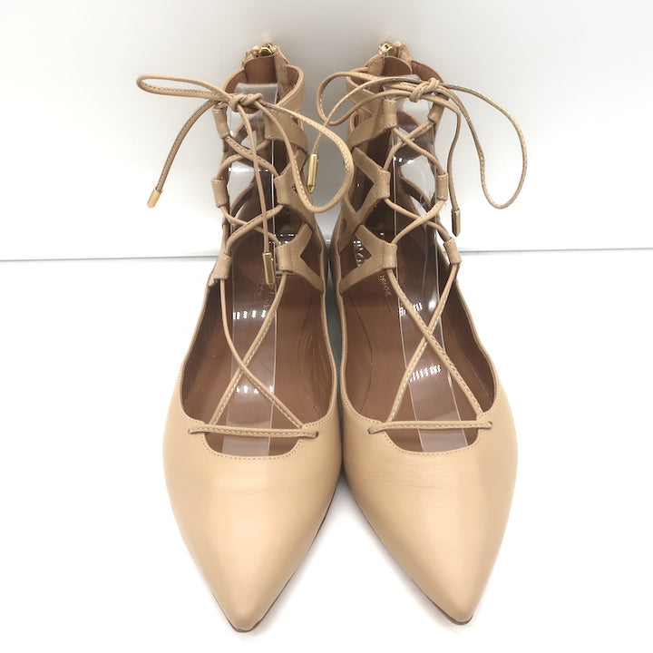 Aquazzura Belgravia Lace-Up Pointed Toe Flats Nude Cutout Leather Size 36 NEW