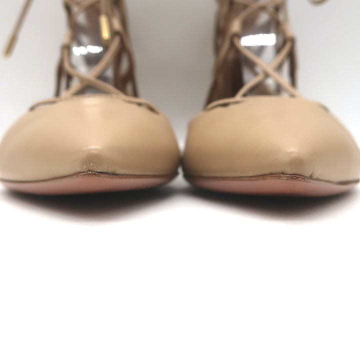 Aquazzura Belgravia Lace-Up Pointed Toe Flats Nude Cutout Leather Size 36 NEW