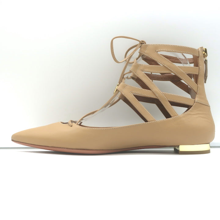 Aquazzura Belgravia Lace-Up Pointed Toe Flats Nude Cutout Leather Size 36 NEW