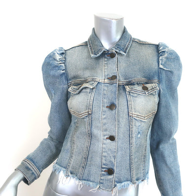 Retrofete Rissa Puff Sleeve Distressed Denim Jacket Light Zephyr Size Small