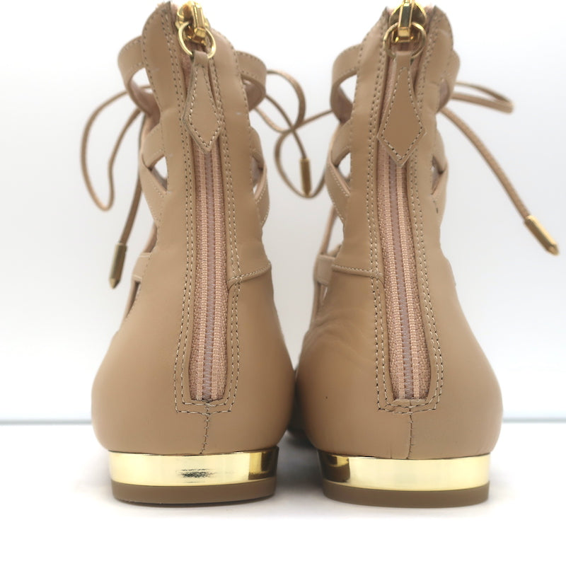 Aquazzura Belgravia Lace-Up Pointed Toe Flats Nude Cutout Leather Size 36 NEW