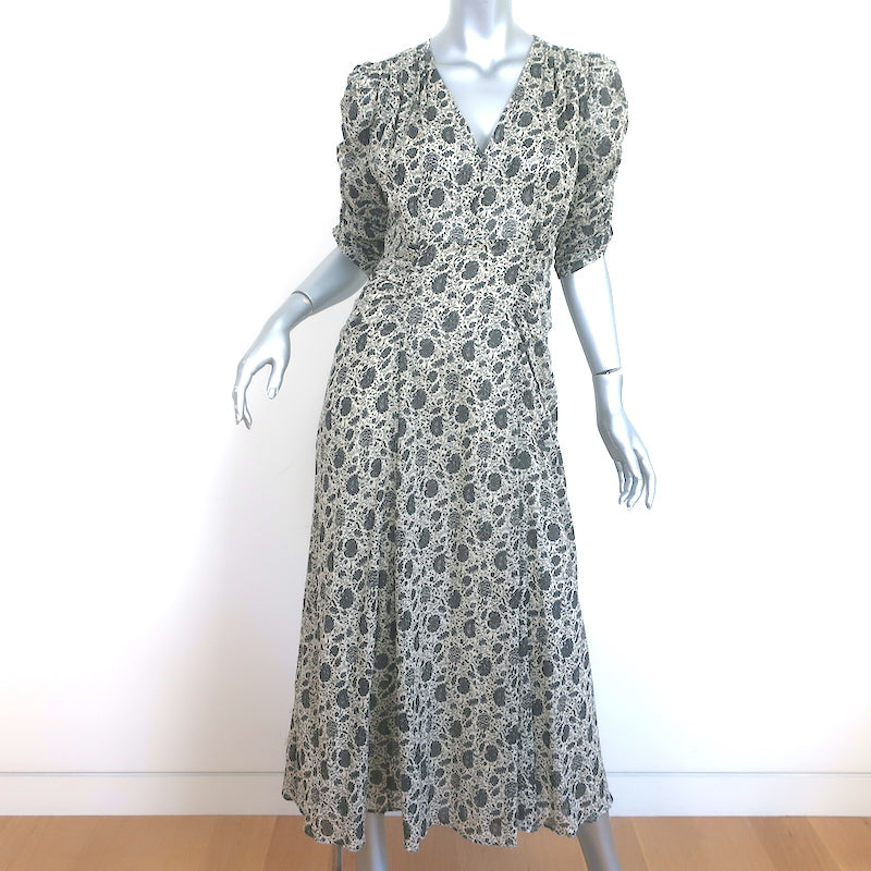 Masscob Ruched Sleeve Maxi Dress Cream/Black Floral Print Cotton Size Large Masscob Ruched Sleeve Maxi Dress Cream/Black Floral Print Cotton Size Large