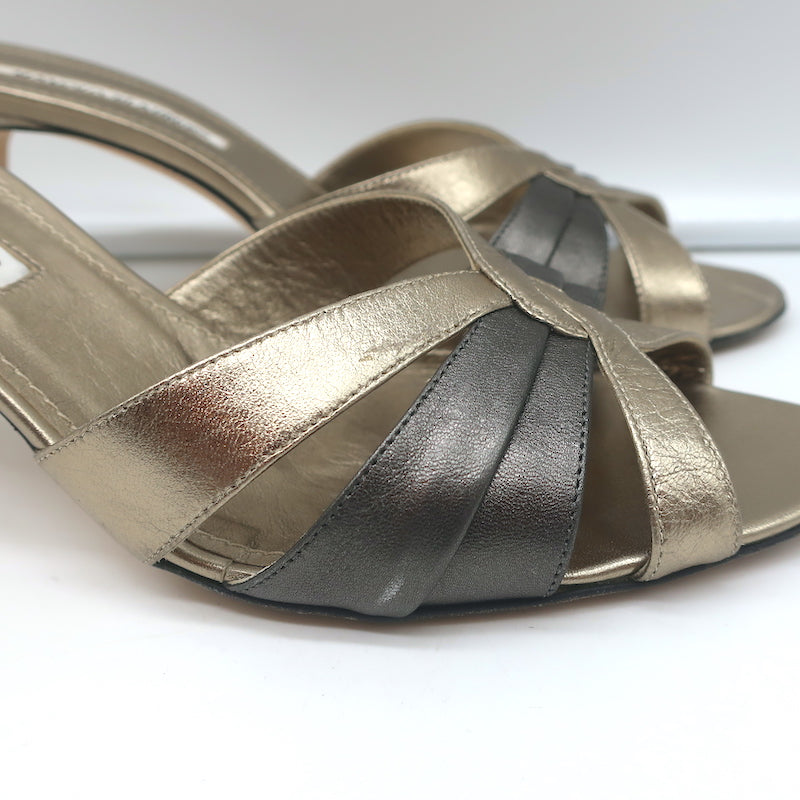 Manolo Blahnik Slide Sandals Gold/Gunmetal Bicolor Metallic Leather Size 38.5
