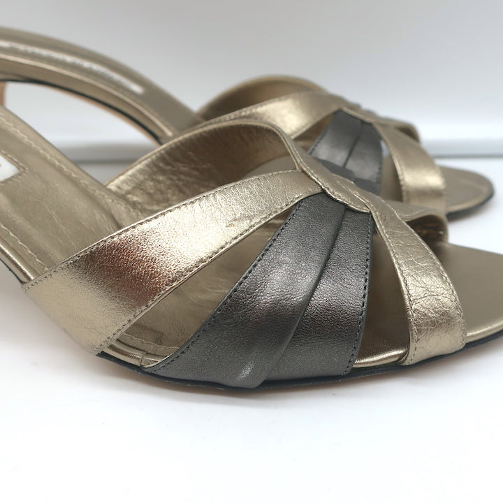 Manolo Blahnik Slide Sandals Gold/Gunmetal Bicolor Metallic Leather Size 38.5