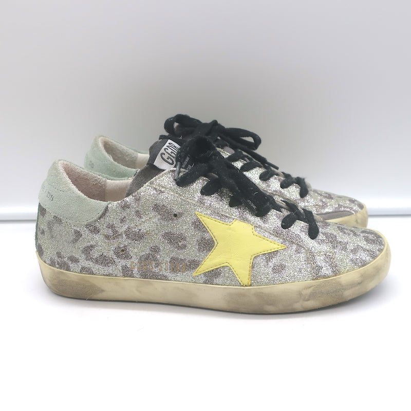Golden Goose Superstar Glitter Leopard Sneakers Silver with Yellow Star Size 36