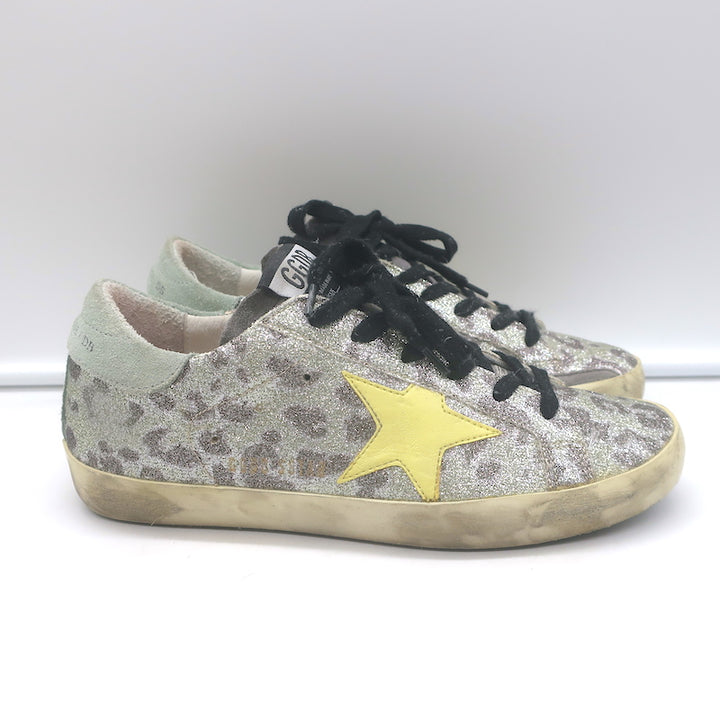 Golden Goose Superstar Glitter Leopard Sneakers Silver with Yellow Star Size 36