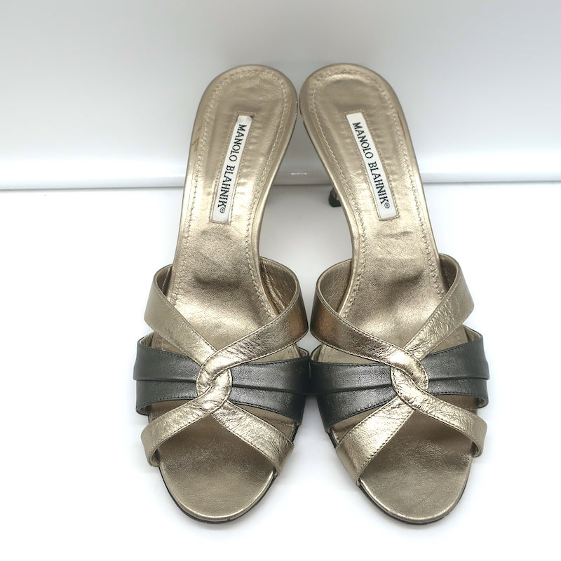Manolo Blahnik Slide Sandals Gold/Gunmetal Bicolor Metallic Leather Size 38.5