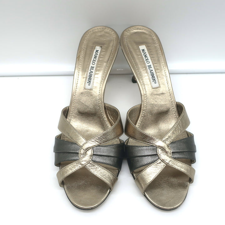 Manolo Blahnik Slide Sandals Gold/Gunmetal Bicolor Metallic Leather Size 38.5