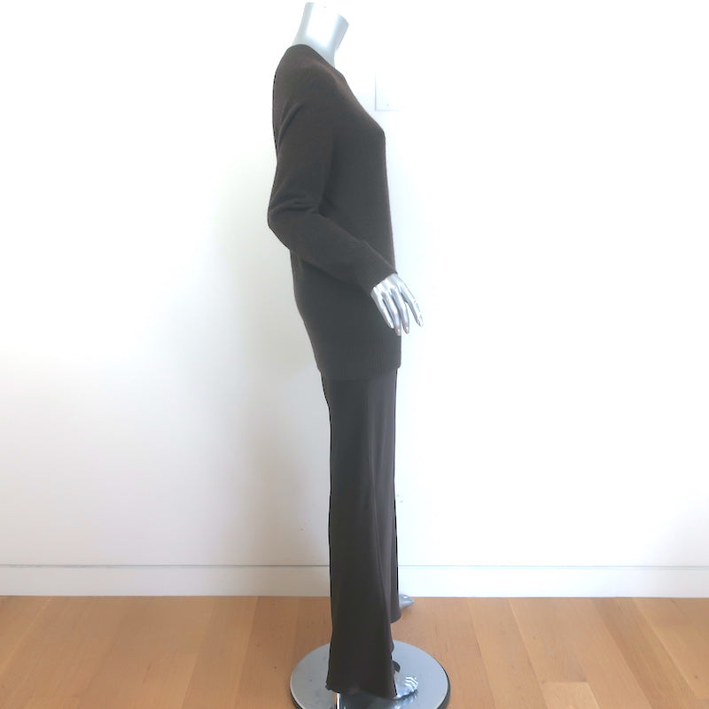 Christopher Esber cashmere and satin maxi dress in brown, size XS — pre-owned, authentic luxury with minor wear.