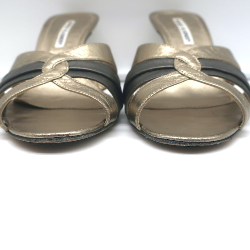 Manolo Blahnik Slide Sandals Gold/Gunmetal Bicolor Metallic Leather Size 38.5