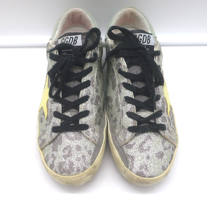 Golden Goose Superstar Glitter Leopard Sneakers Silver with Yellow Star Size 36