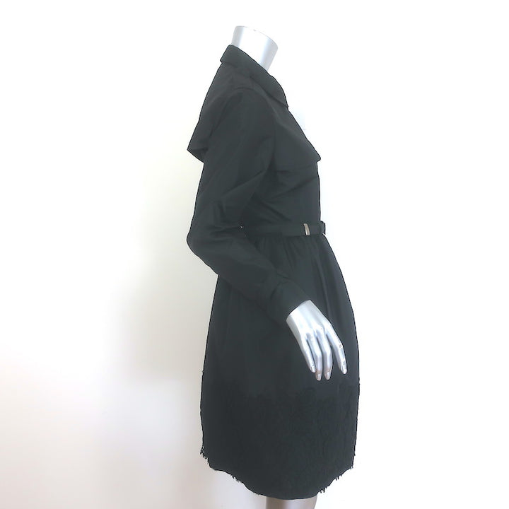 Valentino Lace-Trim Taffeta Belted Flared Trench Coat Black Silk-Blend Size 8