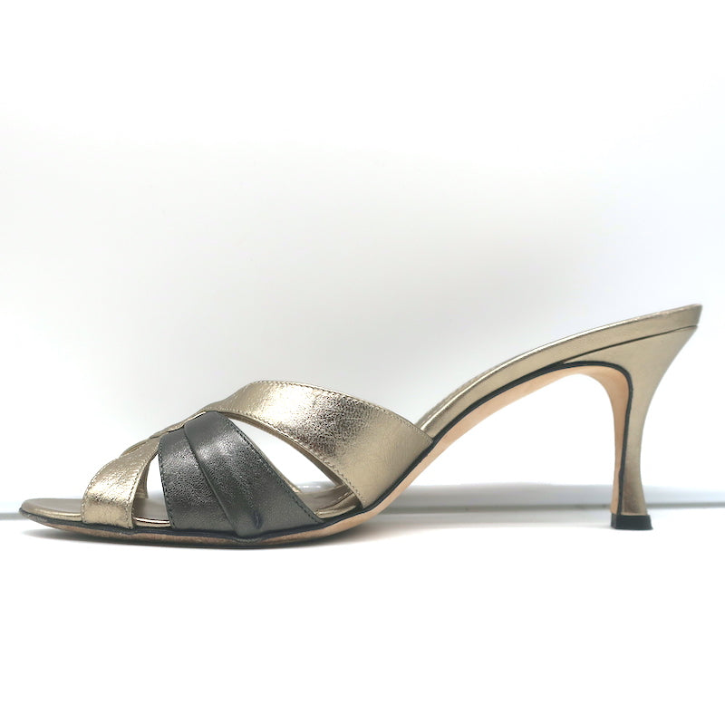 Manolo Blahnik Slide Sandals Gold/Gunmetal Bicolor Metallic Leather Size 38.5