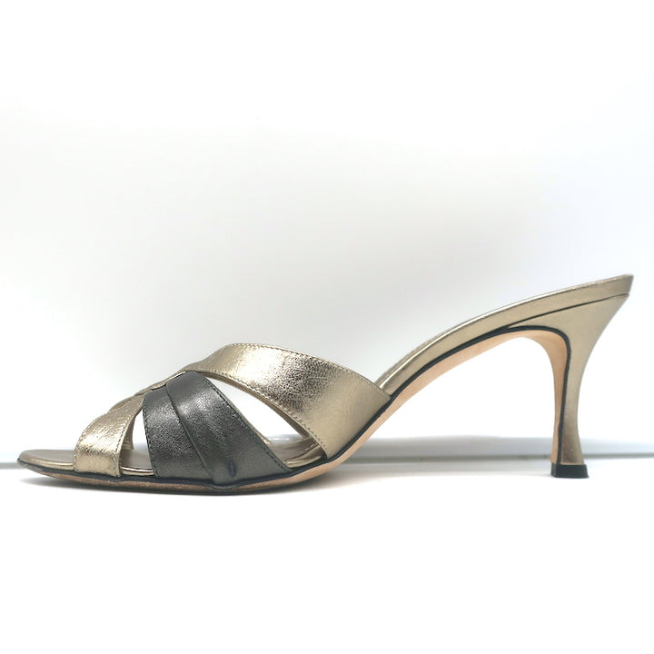 Manolo Blahnik Slide Sandals Gold/Gunmetal Bicolor Metallic Leather Size 38.5