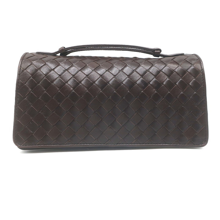 Bottega Veneta Intrecciato Top Handle Accordion Clutch Bag Dark Brown Leather
