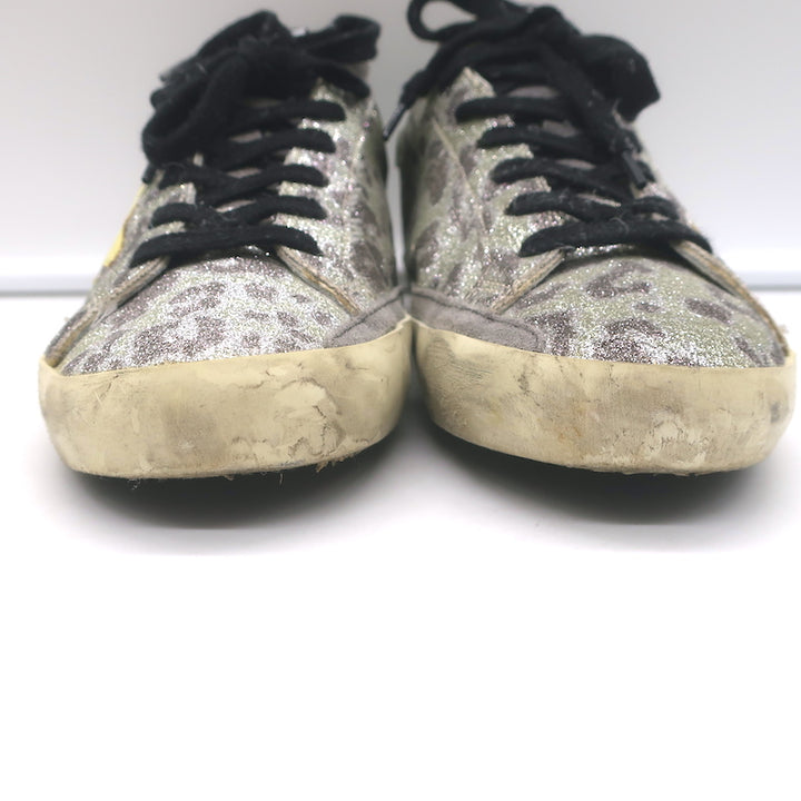 Golden Goose Superstar Glitter Leopard Sneakers Silver with Yellow Star Size 36