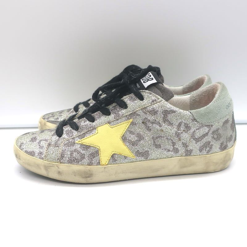 Golden Goose Superstar Glitter Leopard Sneakers Silver with Yellow Star Size 36