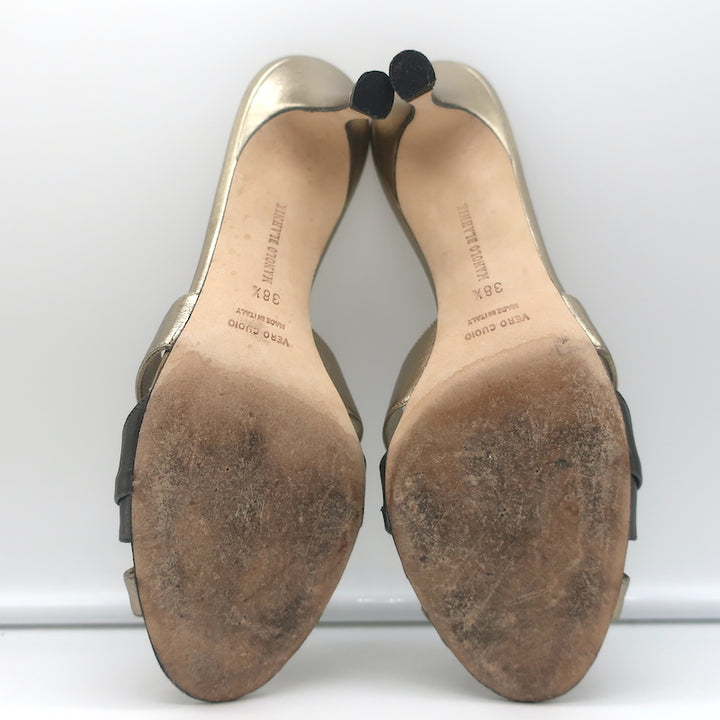 Manolo Blahnik Slide Sandals Gold/Gunmetal Bicolor Metallic Leather Size 38.5