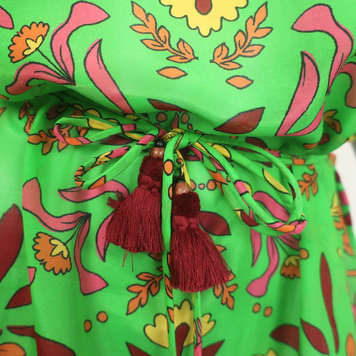Tory Burch Kaftan Maxi Dress Green Folk Art Print Cotton-Silk Size Extra Small