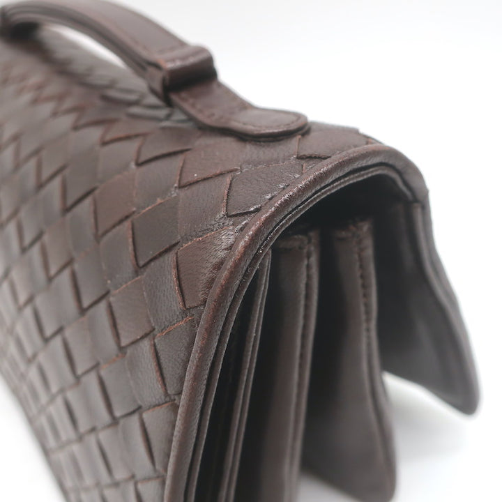 Bottega Veneta Intrecciato Top Handle Accordion Clutch Bag Dark Brown Leather