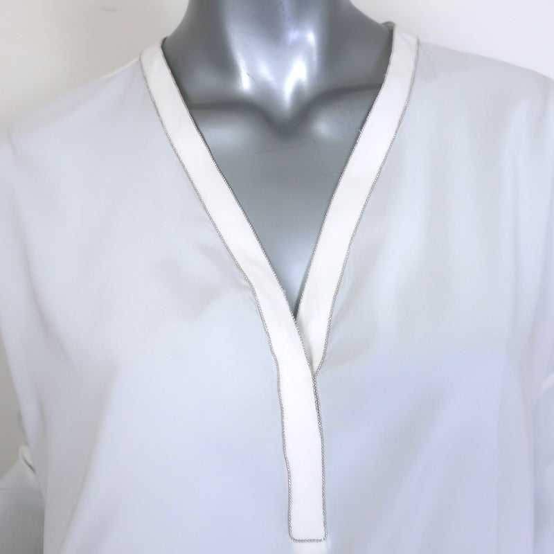 Brunello Cucinelli Monili-Trim Popover Blouse Cream Stretch Silk Size Small