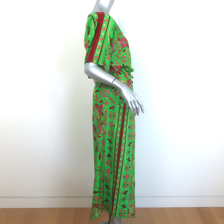 Tory Burch Kaftan Maxi Dress Green Folk Art Print Cotton-Silk Size Extra Small
