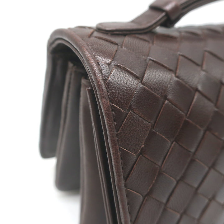 Bottega Veneta Intrecciato Top Handle Accordion Clutch Bag Dark Brown Leather