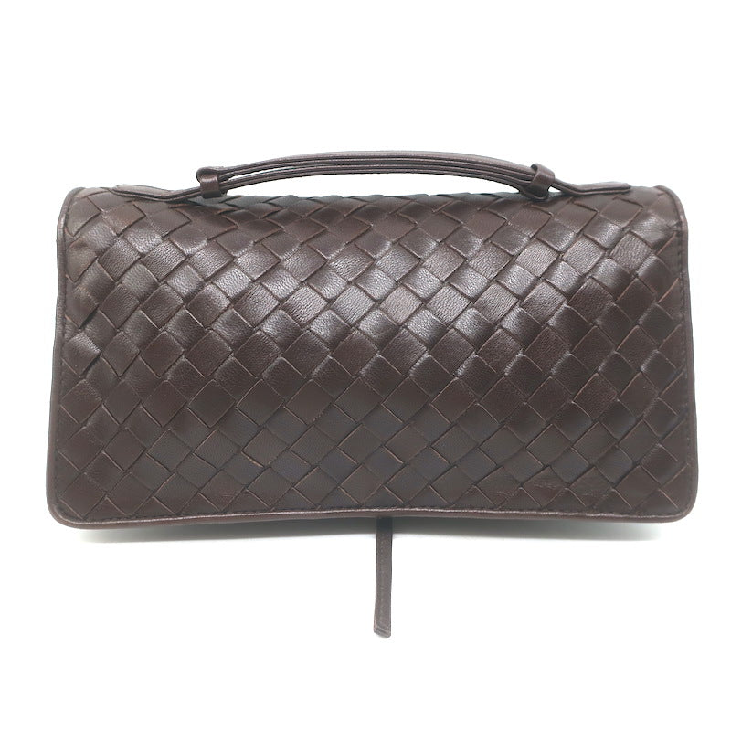 Bottega Veneta Intrecciato Top Handle Accordion Clutch Bag Dark Brown Leather