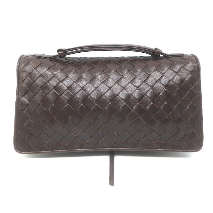 Bottega Veneta Intrecciato Top Handle Accordion Clutch Bag Dark Brown Leather