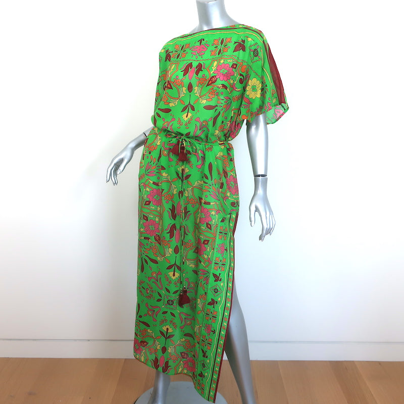 Tory Burch Kaftan Maxi Dress Green Folk Art Print Cotton-Silk Size Extra Small