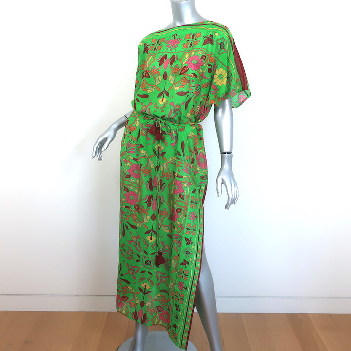 Tory Burch Kaftan Maxi Dress Green Folk Art Print Cotton-Silk Size Extra Small