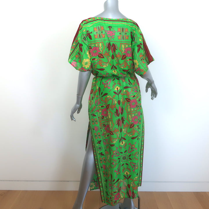 Tory Burch Kaftan Maxi Dress Green Folk Art Print Cotton-Silk Size Extra Small