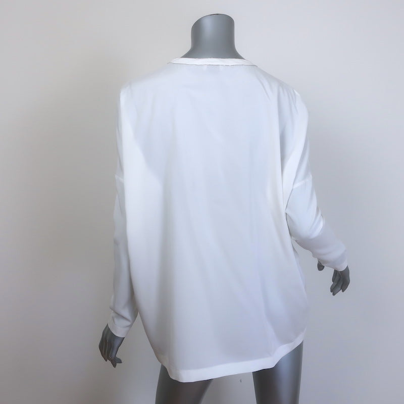 Brunello Cucinelli Monili-Trim Popover Blouse Cream Stretch Silk Size Small