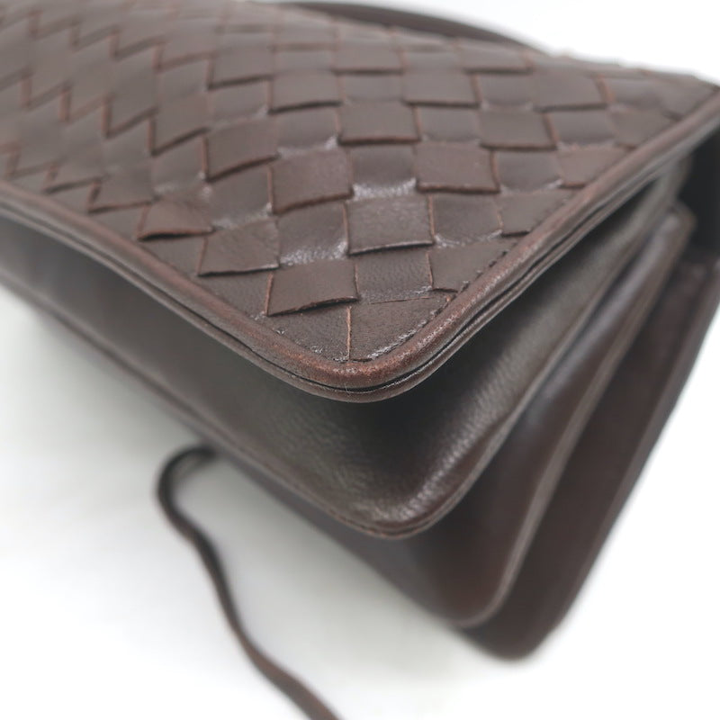 Bottega Veneta Intrecciato Top Handle Accordion Clutch Bag Dark Brown Leather
