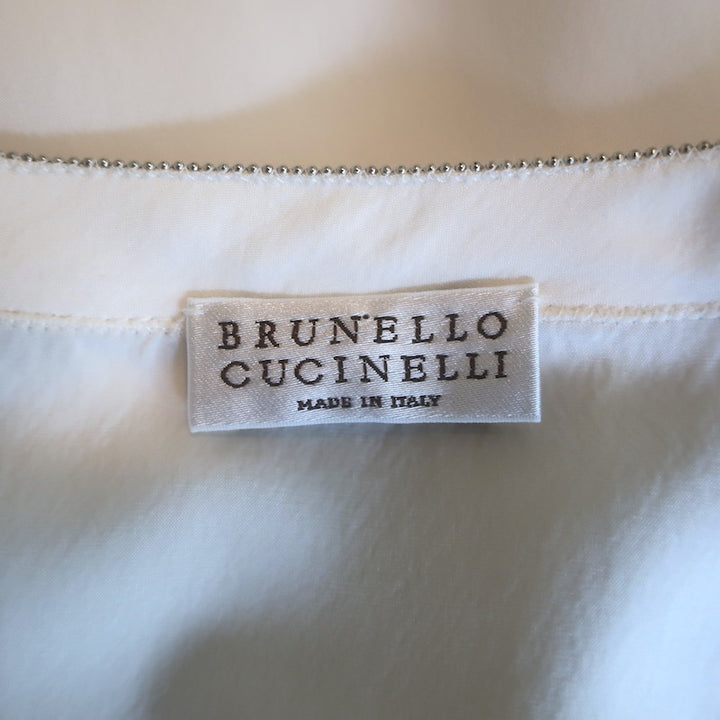 Brunello Cucinelli Monili-Trim Popover Blouse Cream Stretch Silk Size Small