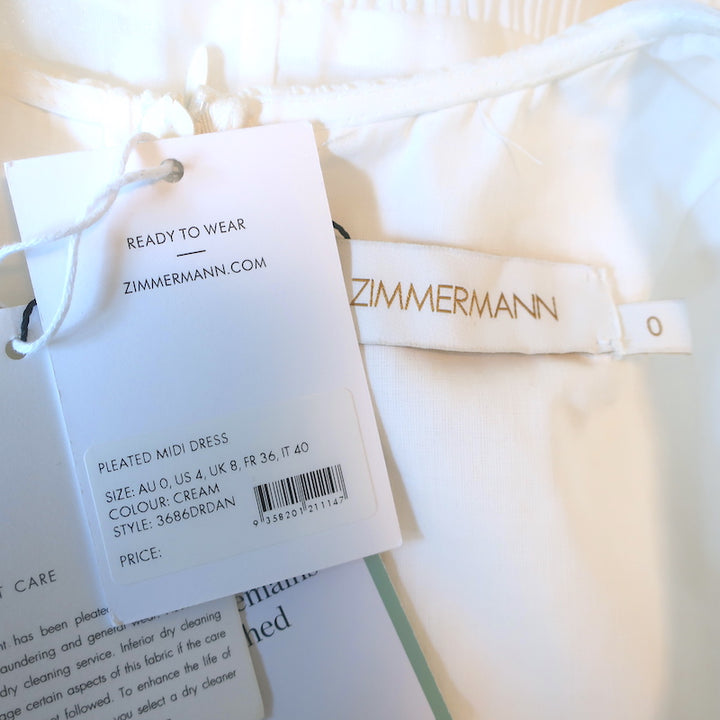 Zimmermann Dancer Pleated Belted Midi Dress White Organza Size 0 NEW