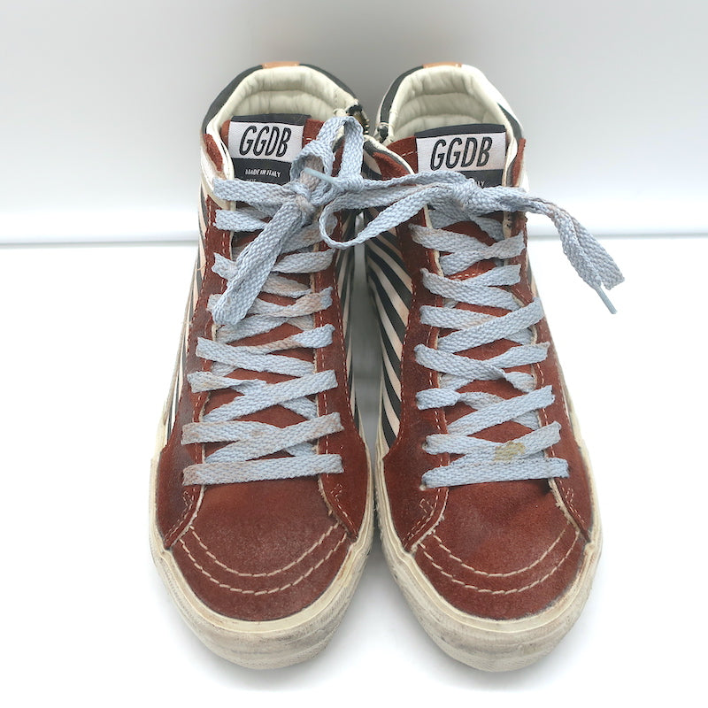 Golden Goose Slide Striped High Top Sneakers Burgundy Suede Size 36
