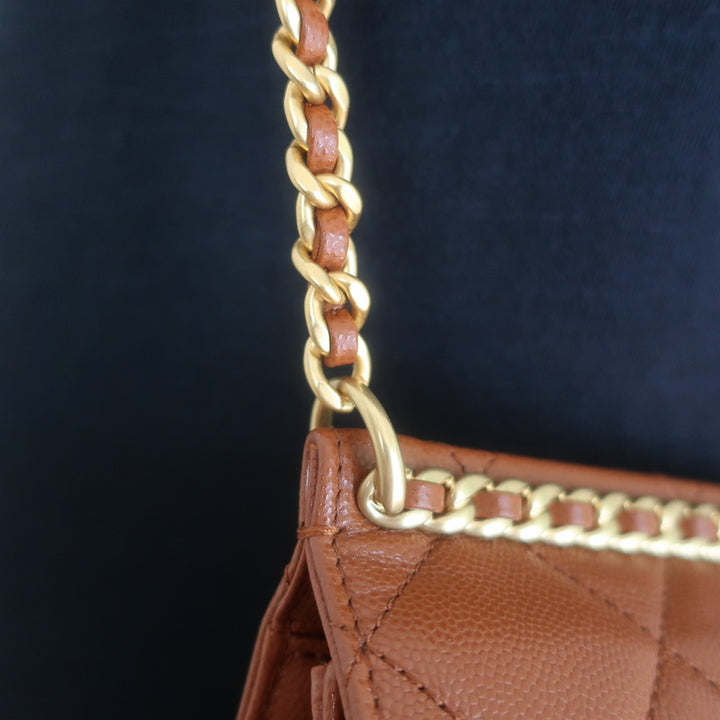 Chanel 23A Small Chain Frame Flap Bag Gold Brown Quilted Caviar Leather NEW