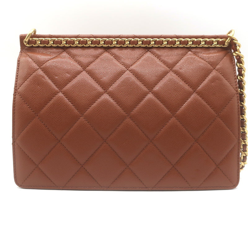 Chanel 23A Small Chain Frame Flap Bag Gold Brown Quilted Caviar Leather NEW